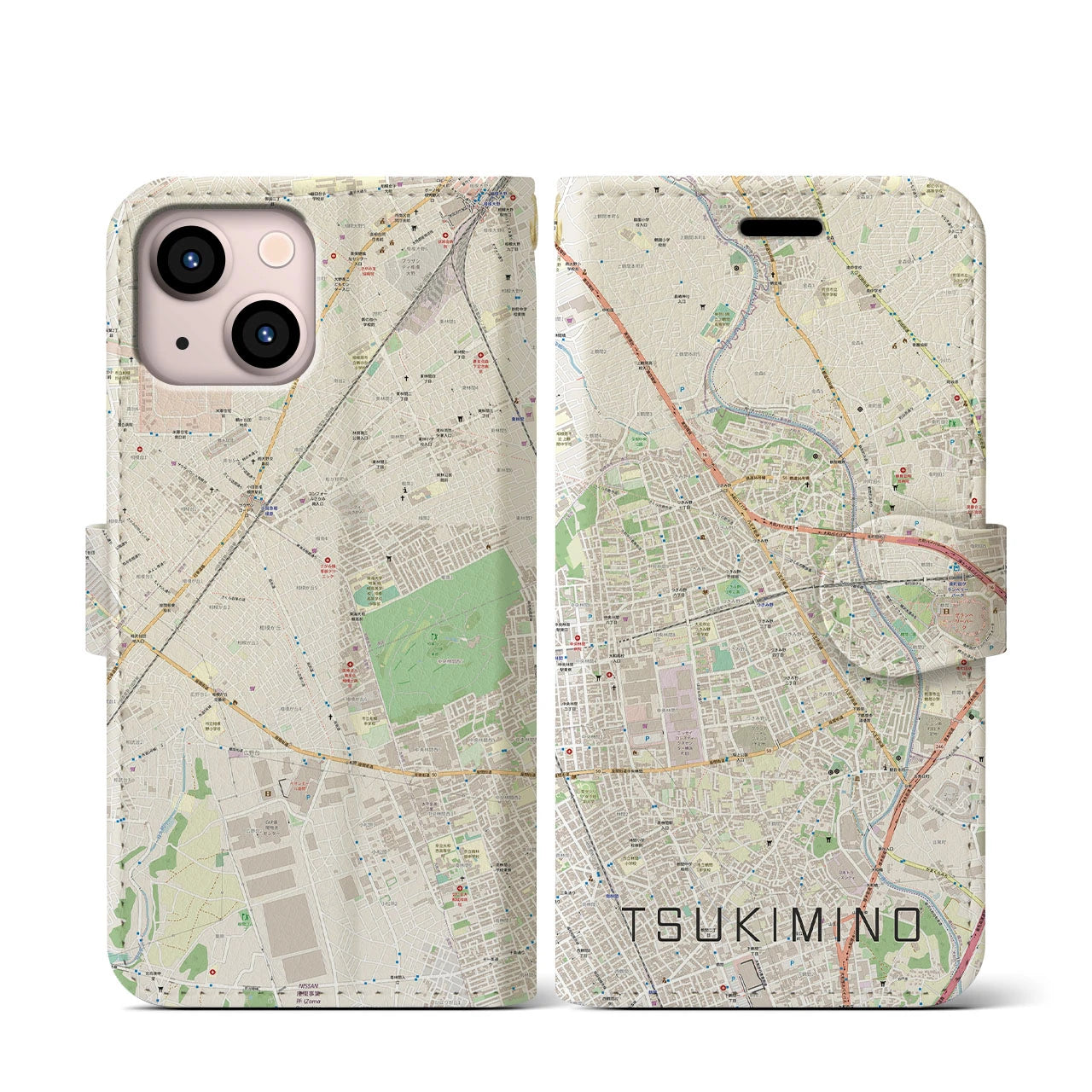 【つきみ野(神奈川県)】地図柄iPhoneケース(手帳タイプ)ナチュラル・iPhone 13 mini 用