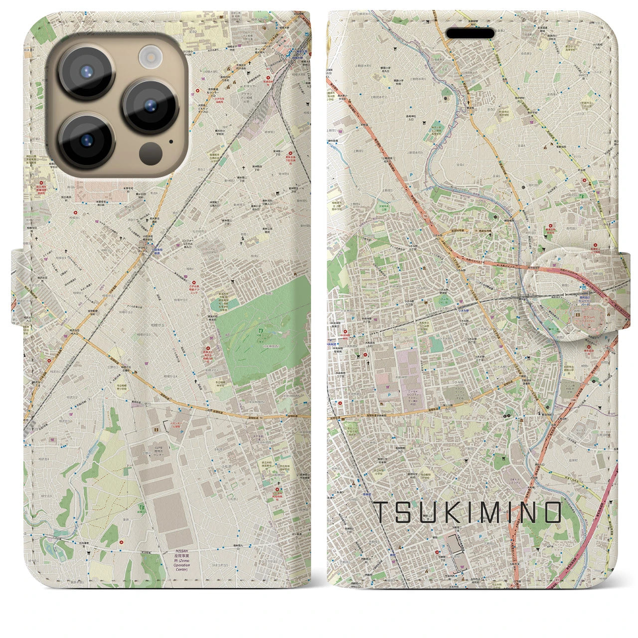 【つきみ野(神奈川県)】地図柄iPhoneケース(手帳タイプ)ナチュラル・iPhone 14 Pro Max 用