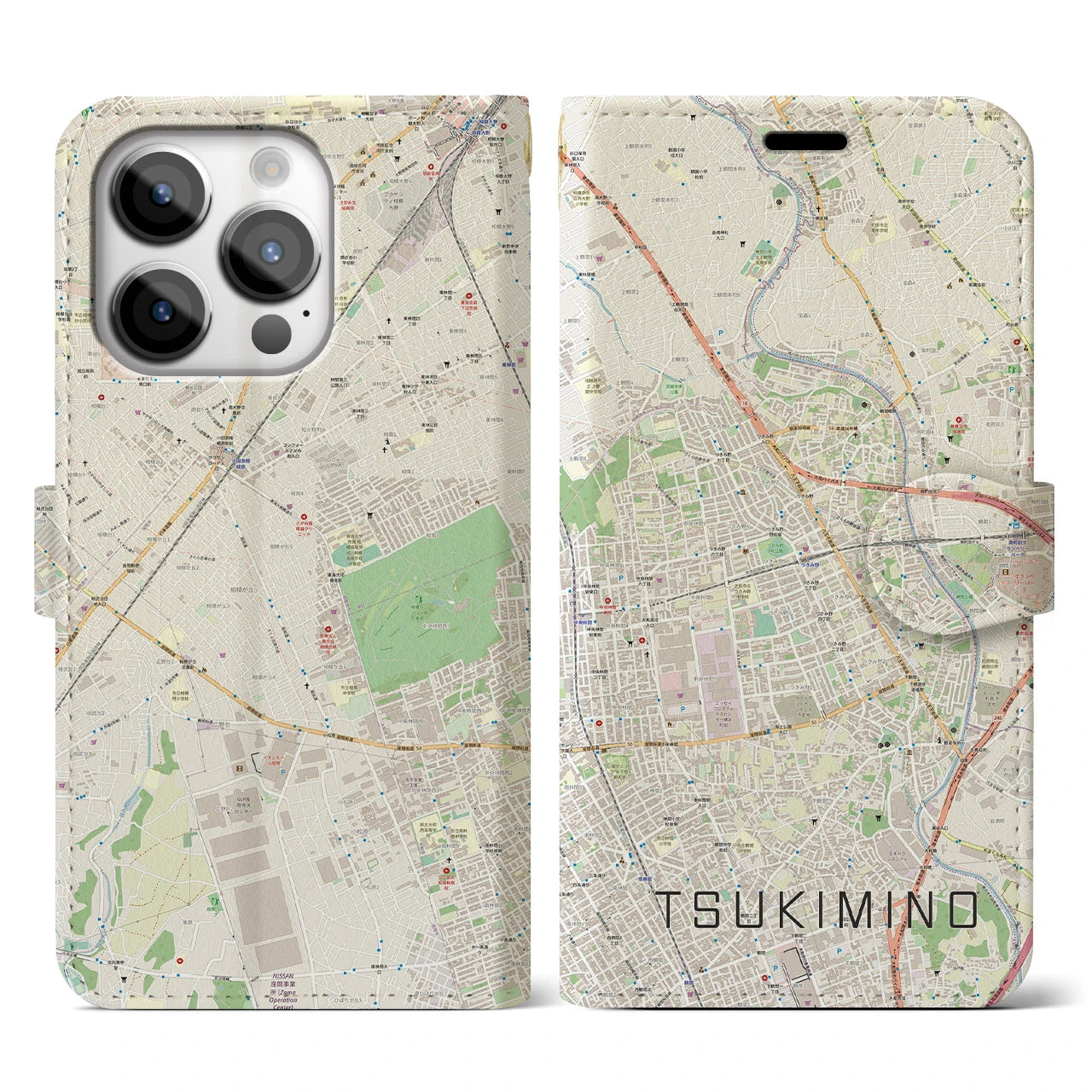 【つきみ野(神奈川県)】地図柄iPhoneケース(手帳タイプ)ナチュラル・iPhone 14 Pro 用