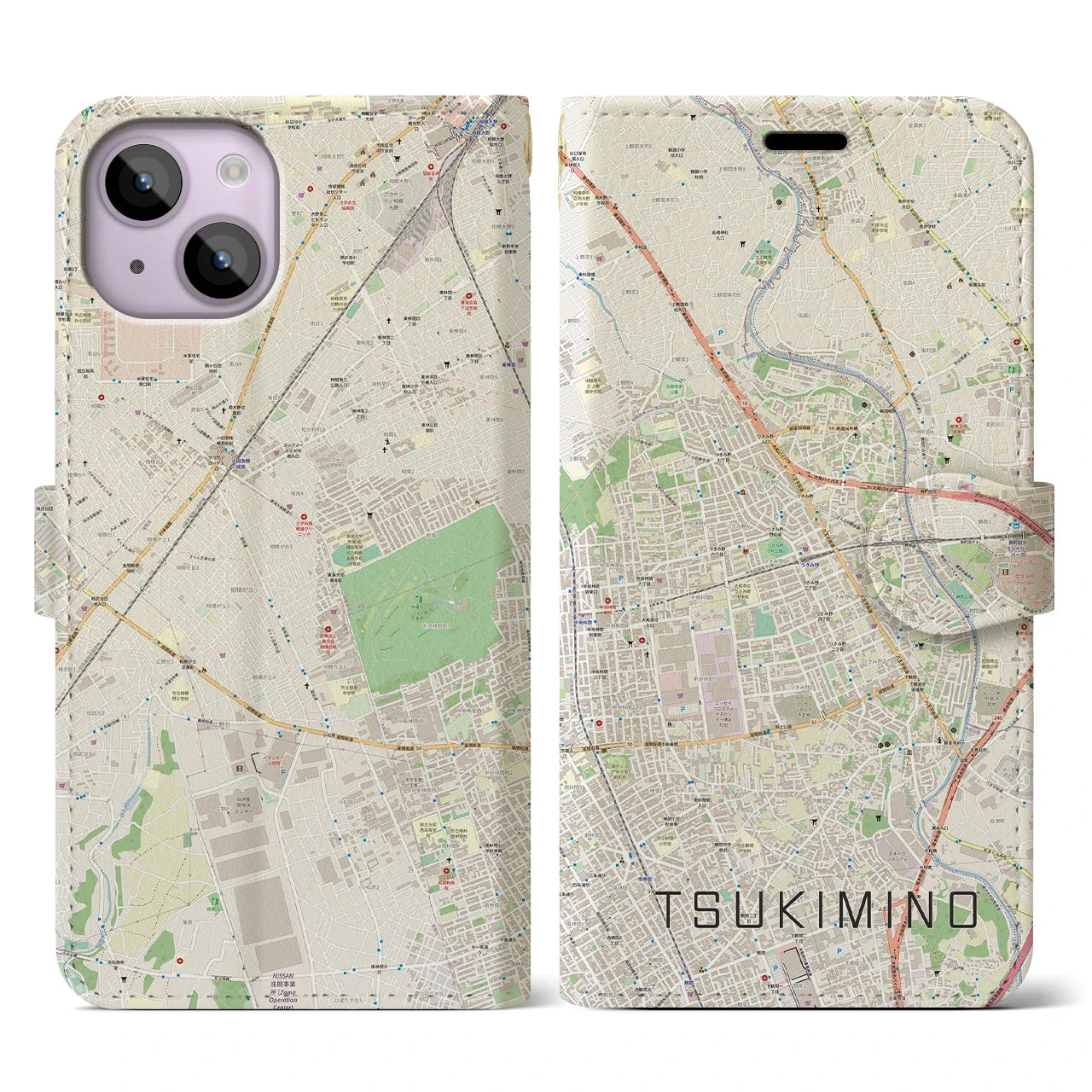 【つきみ野(神奈川県)】地図柄iPhoneケース(手帳タイプ)ナチュラル・iPhone 14 用