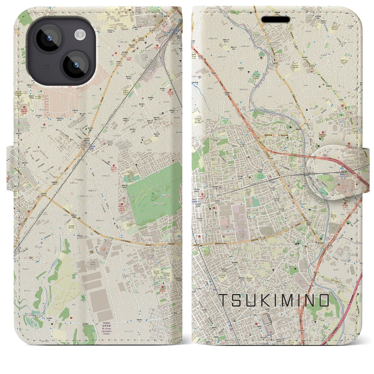 【つきみ野(神奈川県)】地図柄iPhoneケース(手帳タイプ)ナチュラル・iPhone 14 Plus 用