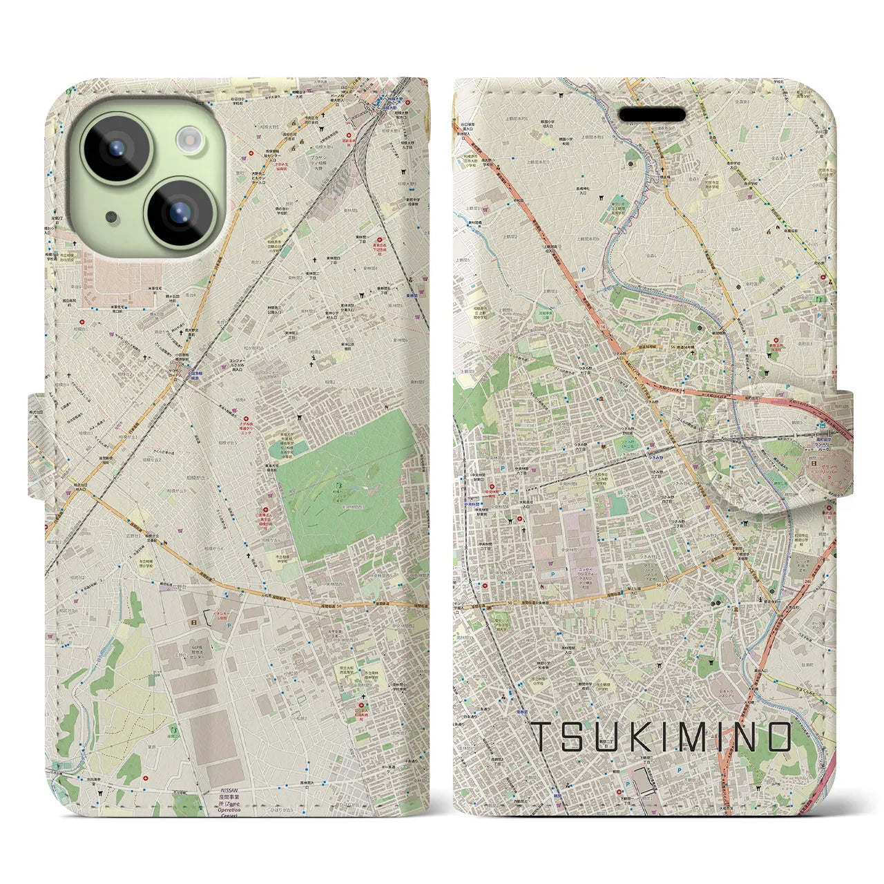 【つきみ野(神奈川県)】地図柄iPhoneケース(手帳タイプ)ナチュラル・iPhone 15 用