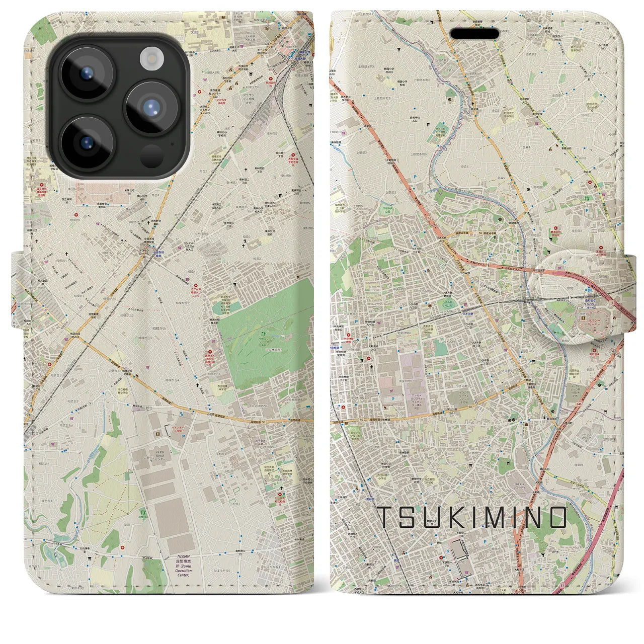 【つきみ野(神奈川県)】地図柄iPhoneケース(手帳タイプ)ナチュラル・iPhone 15 Pro Max 用