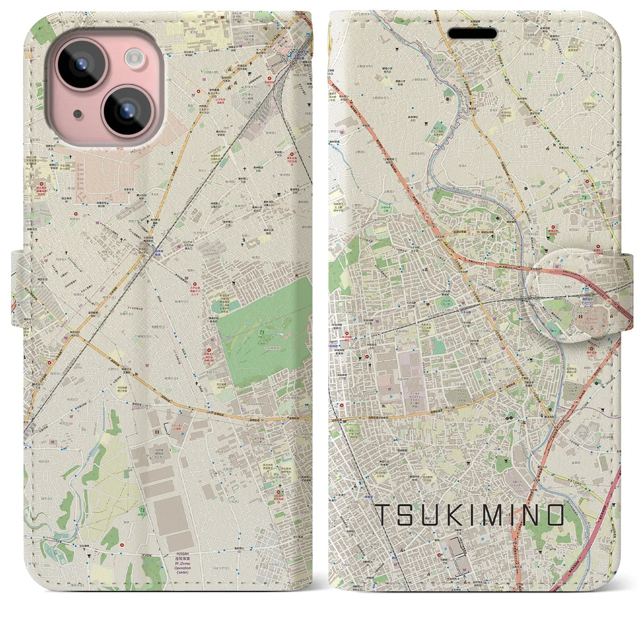 【つきみ野(神奈川県)】地図柄iPhoneケース(手帳タイプ)ナチュラル・iPhone 15 Plus 用