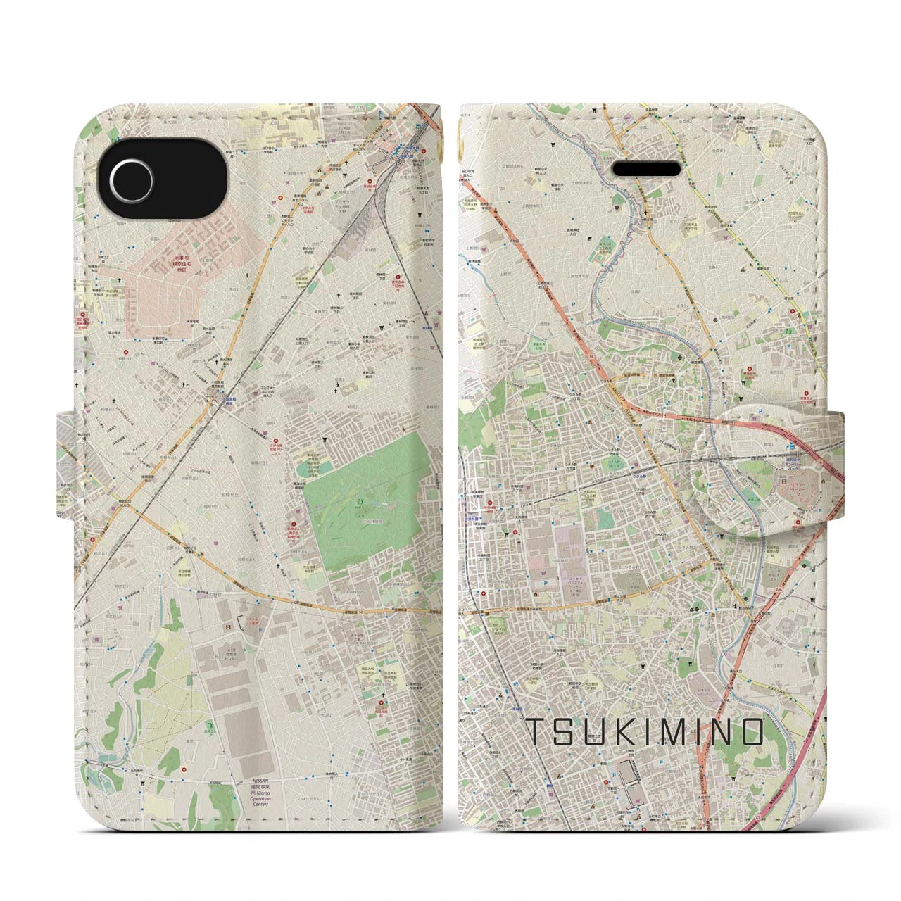 【つきみ野(神奈川県)】地図柄iPhoneケース(手帳タイプ)ナチュラル・iPhone SE(第3 / 第2世代) / 8 / 7 / 6s / 6 用