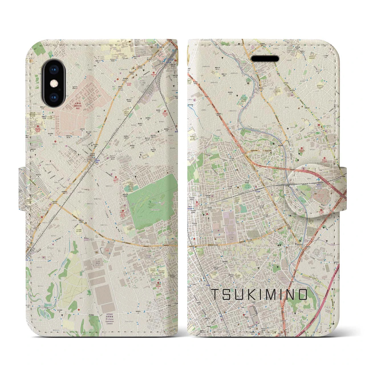 【つきみ野(神奈川県)】地図柄iPhoneケース(手帳タイプ)ナチュラル・iPhone XS / X 用