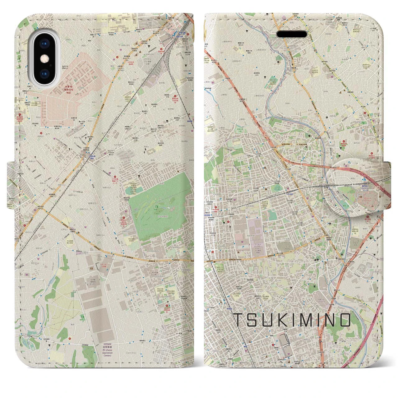 【つきみ野(神奈川県)】地図柄iPhoneケース(手帳タイプ)ナチュラル・iPhone XS Max 用