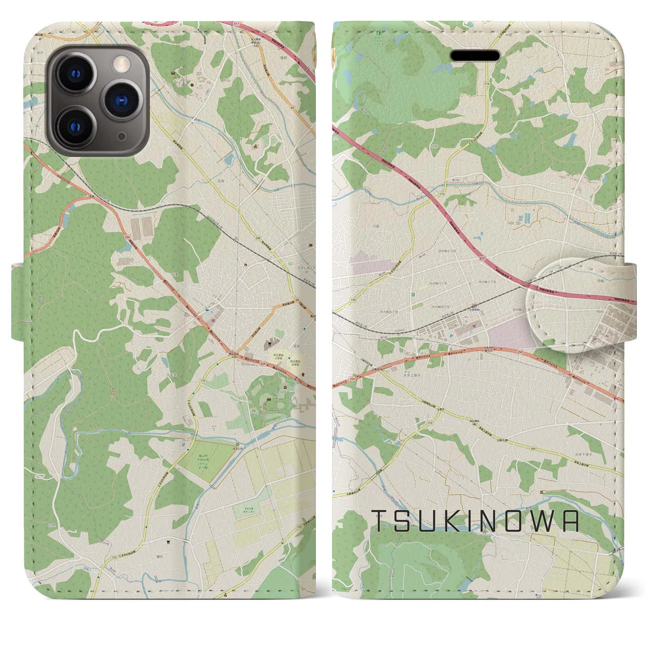 【つきのわ(埼玉県)】地図柄iPhoneケース(手帳タイプ)ナチュラル・iPhone 11 Pro Max 用