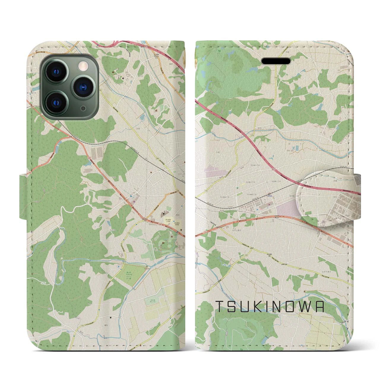 【つきのわ(埼玉県)】地図柄iPhoneケース(手帳タイプ)ナチュラル・iPhone 11 Pro 用