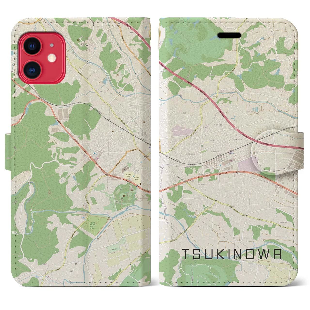 【つきのわ(埼玉県)】地図柄iPhoneケース(手帳タイプ)ナチュラル・iPhone 11 用