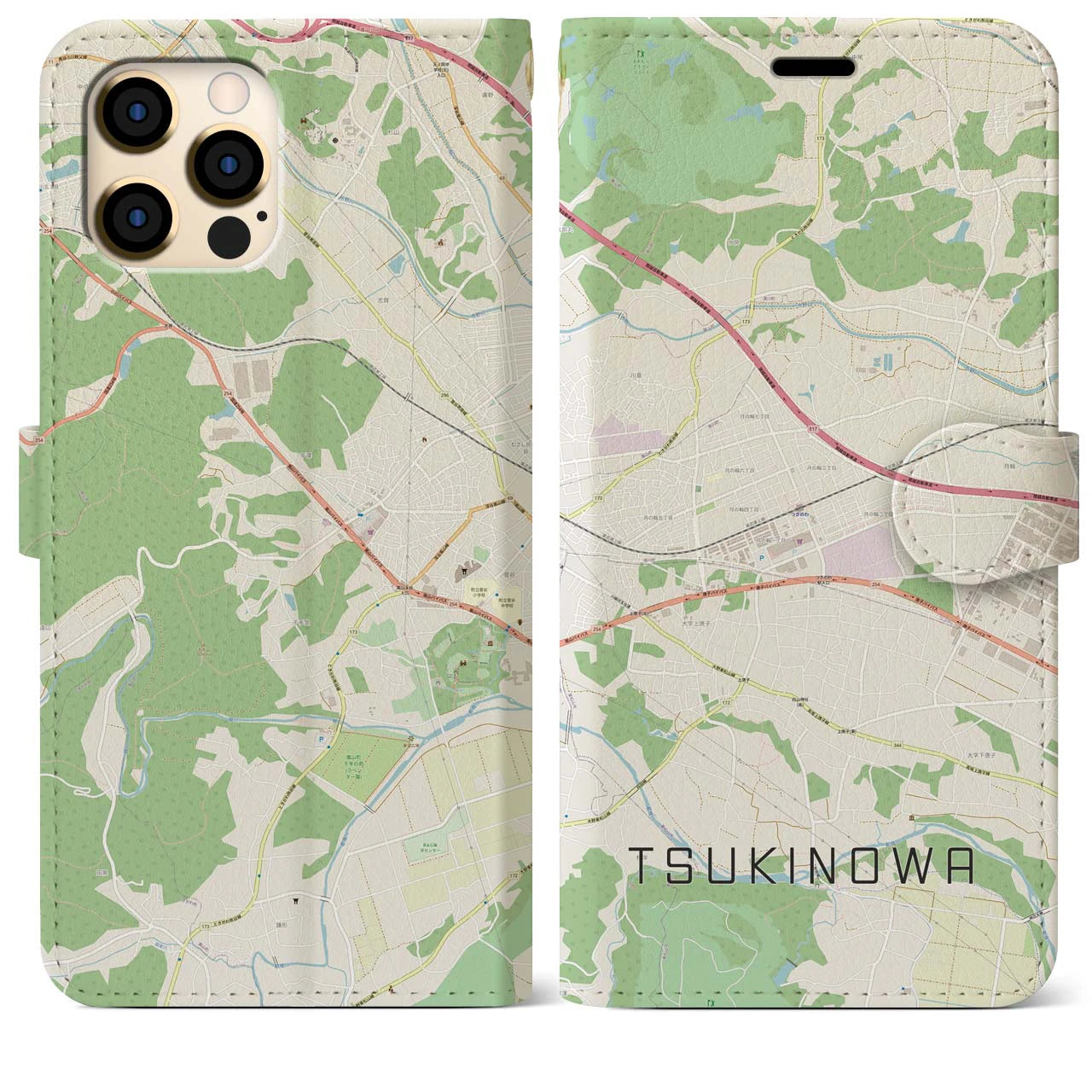 【つきのわ(埼玉県)】地図柄iPhoneケース(手帳タイプ)ナチュラル・iPhone 12 Pro Max 用