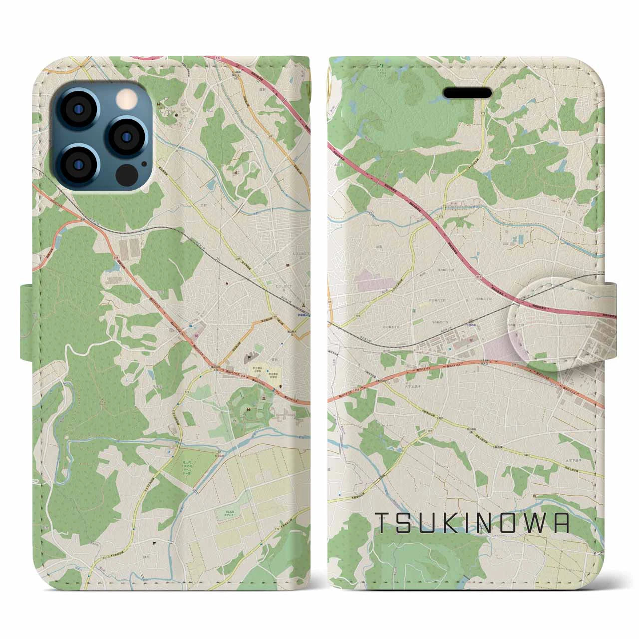 【つきのわ(埼玉県)】地図柄iPhoneケース(手帳タイプ)ナチュラル・iPhone 12 / 12 Pro 用