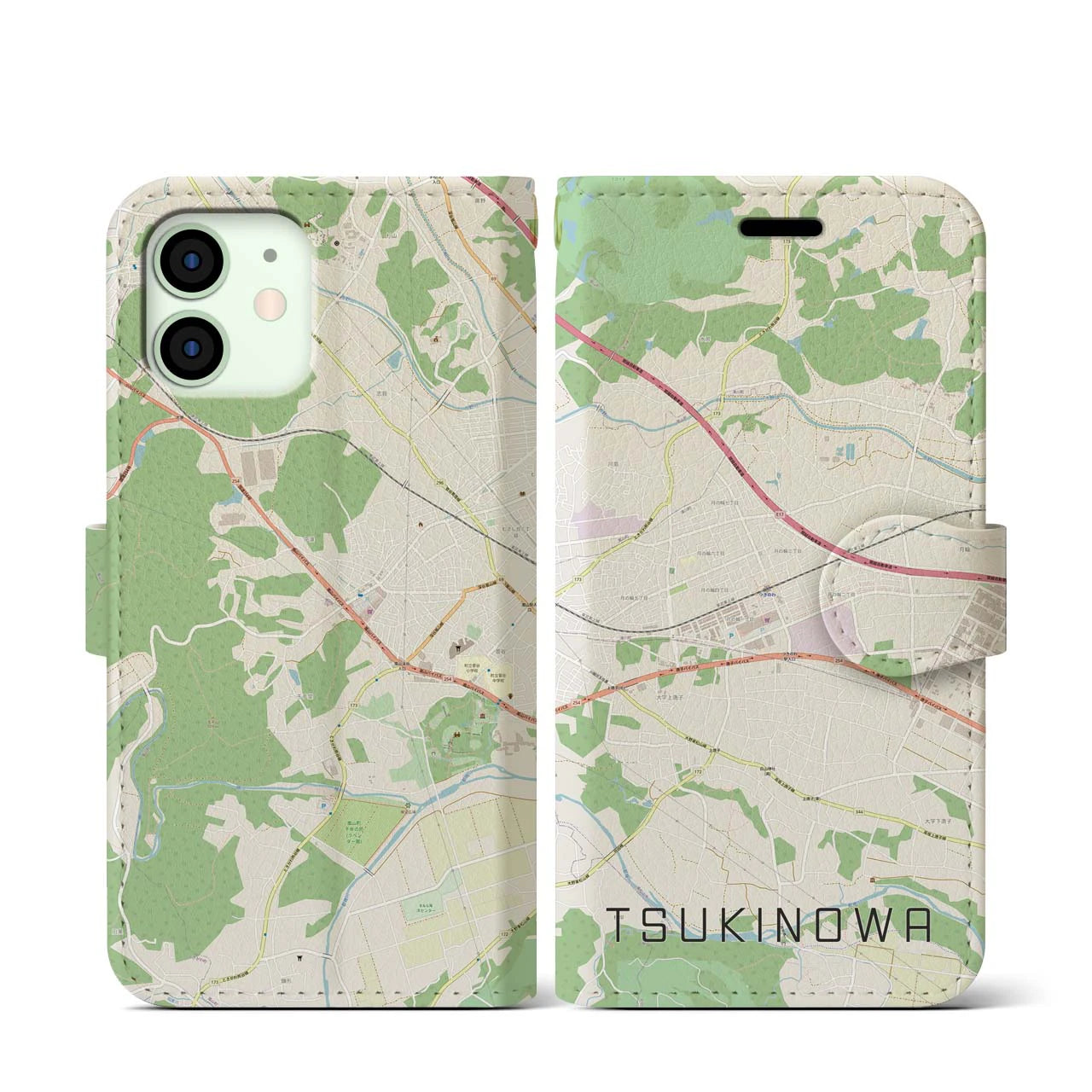 【つきのわ(埼玉県)】地図柄iPhoneケース(手帳タイプ)ナチュラル・iPhone 12 mini 用