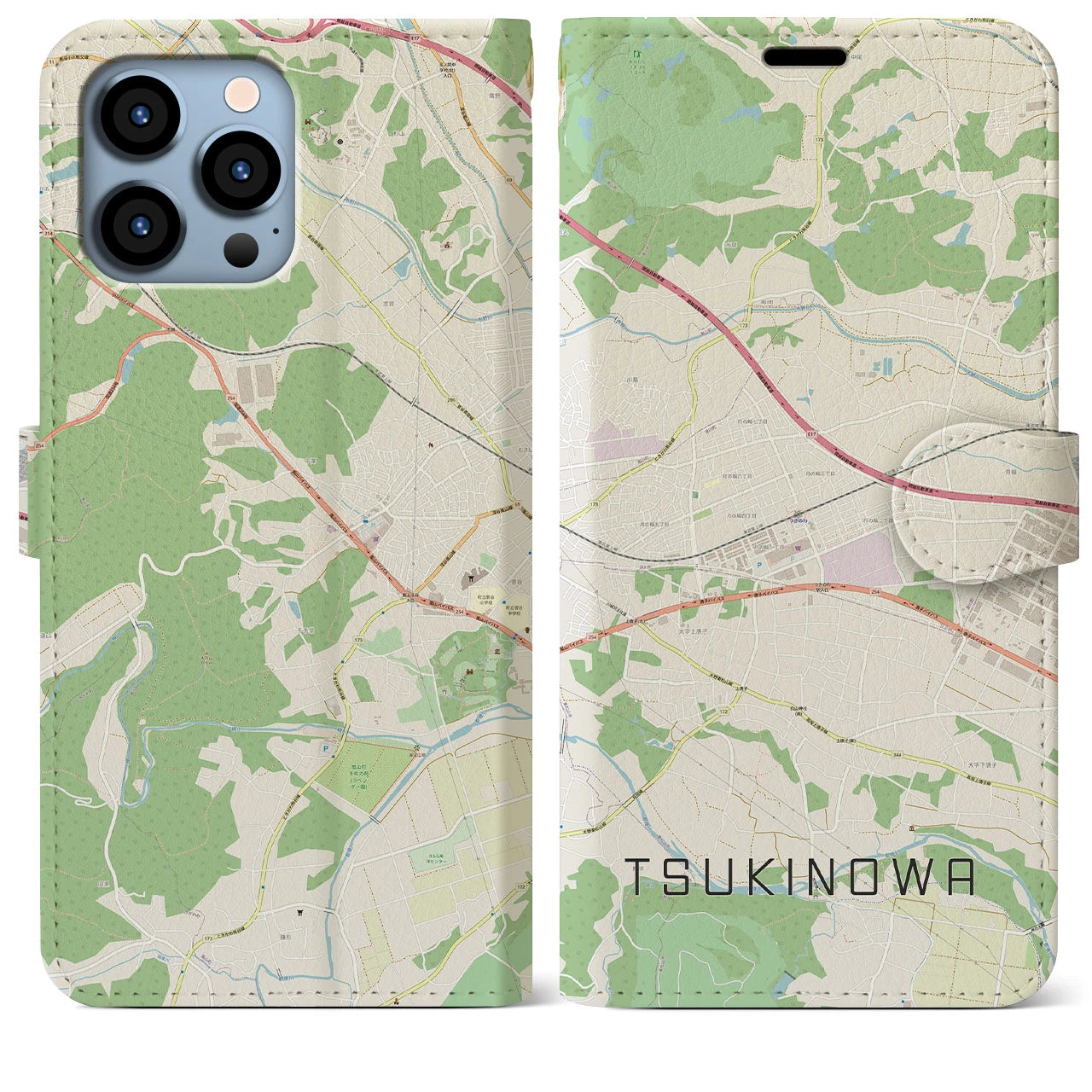 【つきのわ(埼玉県)】地図柄iPhoneケース(手帳タイプ)ナチュラル・iPhone 13 Pro Max 用