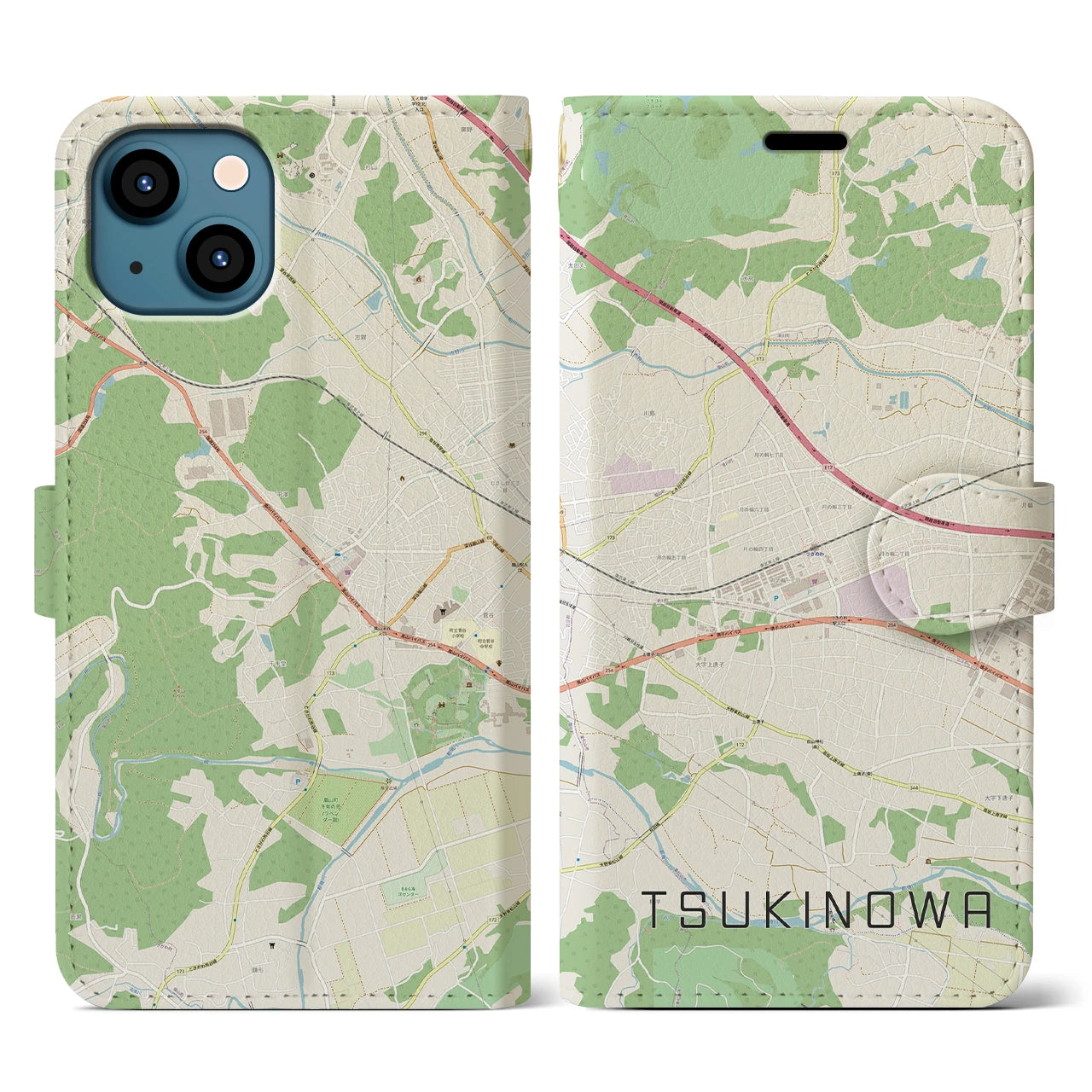 【つきのわ(埼玉県)】地図柄iPhoneケース(手帳タイプ)ナチュラル・iPhone 13 用
