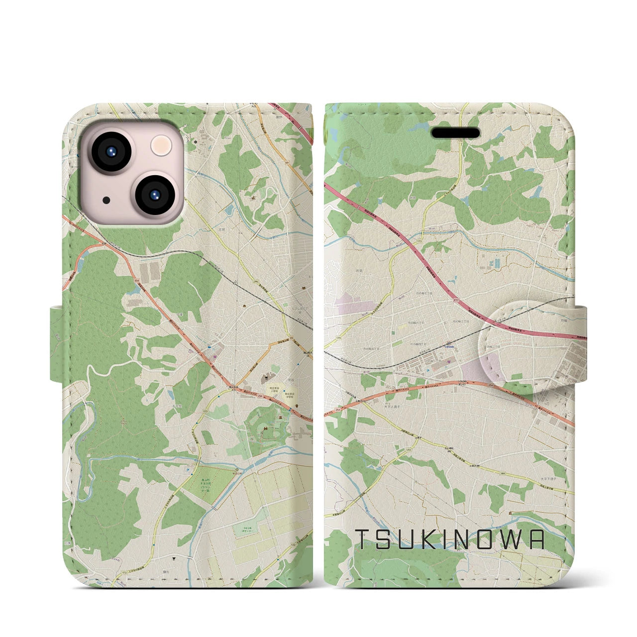 【つきのわ(埼玉県)】地図柄iPhoneケース(手帳タイプ)ナチュラル・iPhone 13 mini 用