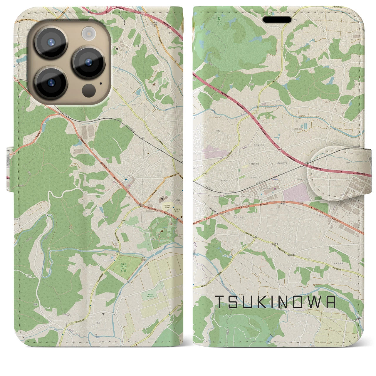 【つきのわ(埼玉県)】地図柄iPhoneケース(手帳タイプ)ナチュラル・iPhone 14 Pro Max 用