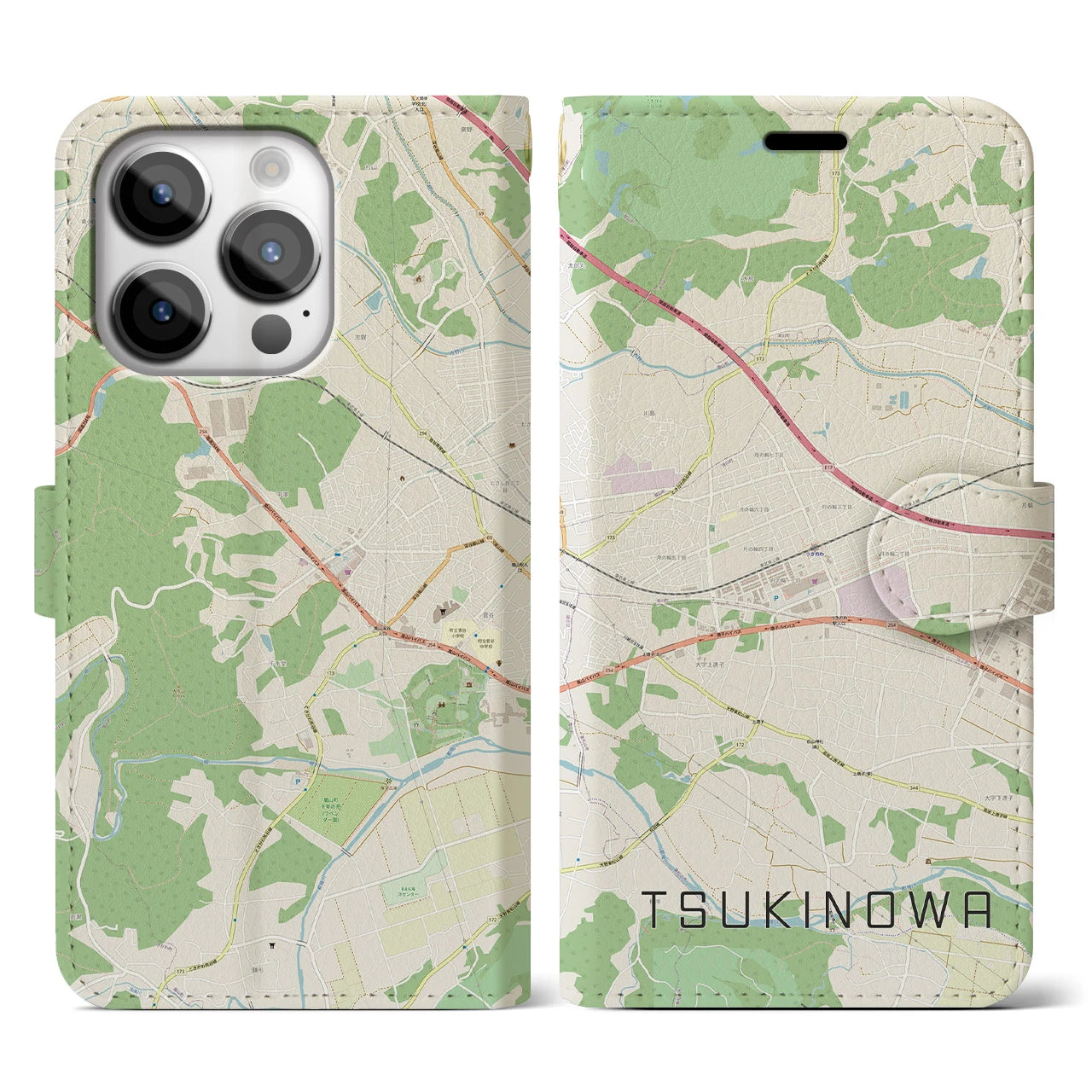 【つきのわ(埼玉県)】地図柄iPhoneケース(手帳タイプ)ナチュラル・iPhone 14 Pro 用