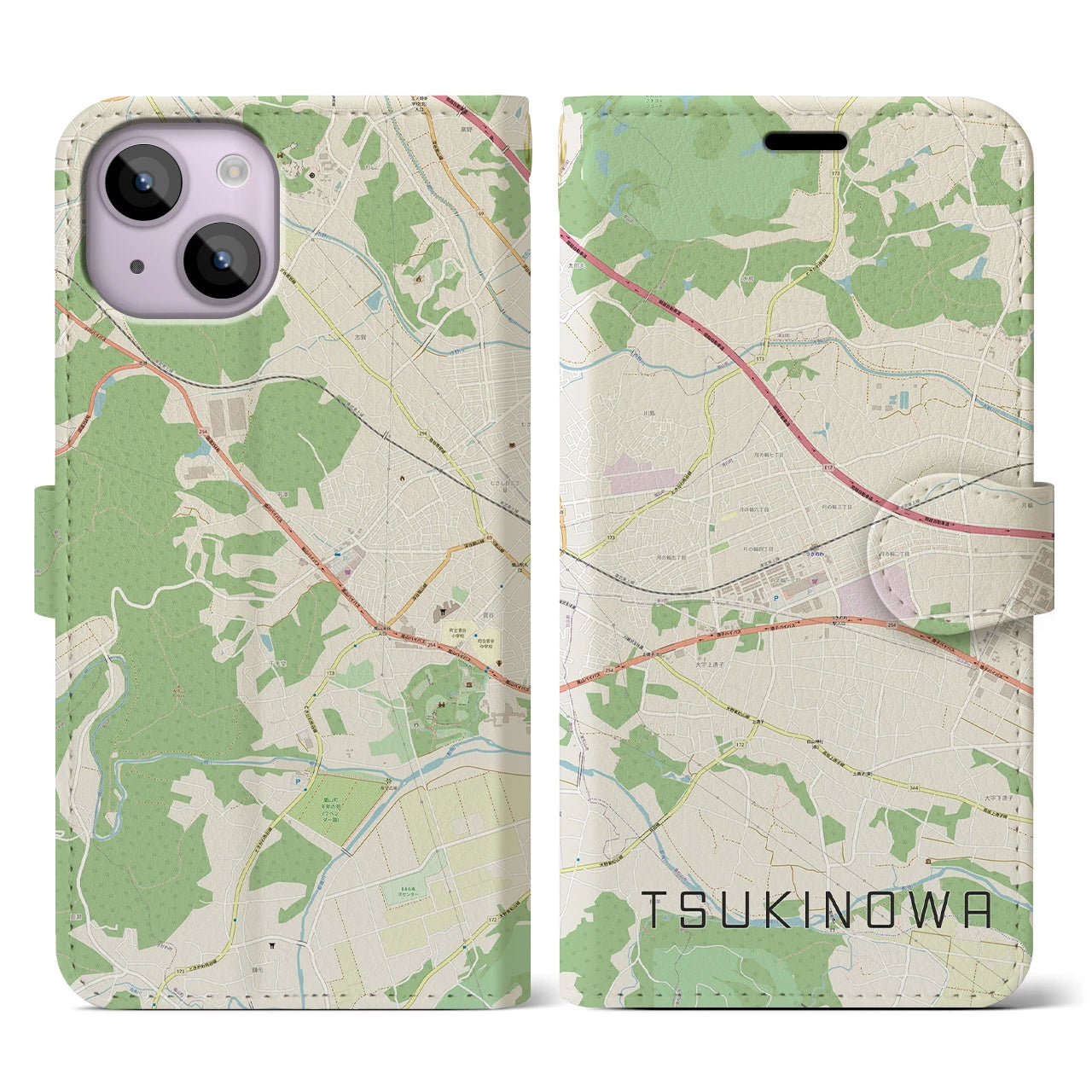 【つきのわ(埼玉県)】地図柄iPhoneケース(手帳タイプ)ナチュラル・iPhone 14 用