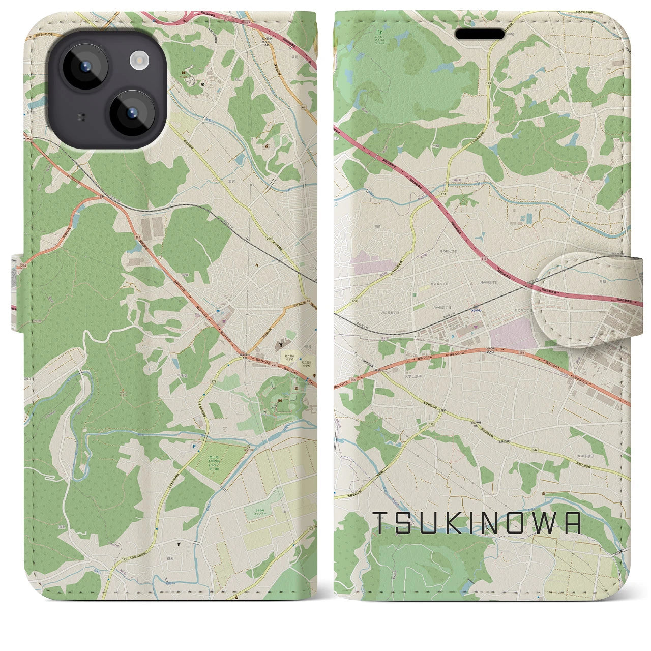 【つきのわ(埼玉県)】地図柄iPhoneケース(手帳タイプ)ナチュラル・iPhone 14 Plus 用