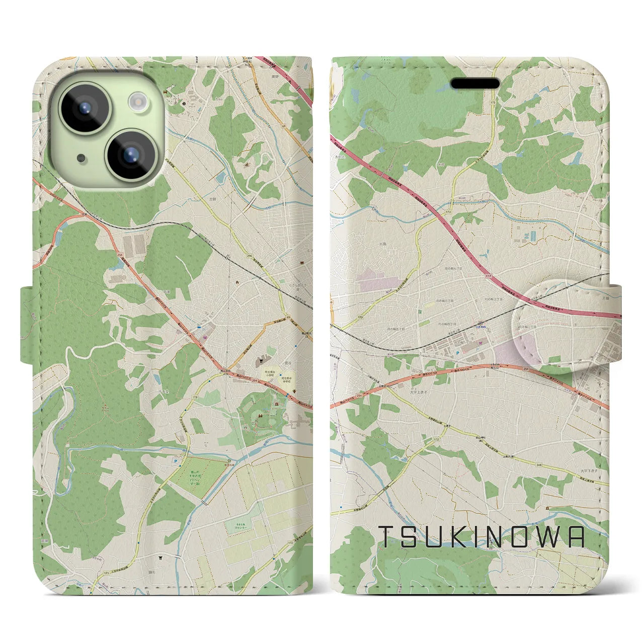【つきのわ(埼玉県)】地図柄iPhoneケース(手帳タイプ)ナチュラル・iPhone 15 用