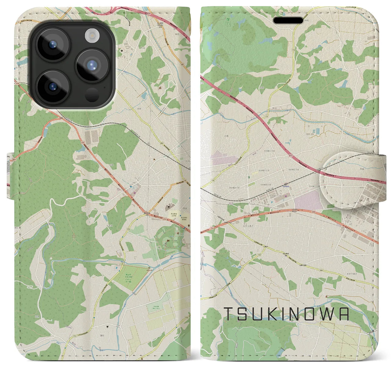 【つきのわ(埼玉県)】地図柄iPhoneケース(手帳タイプ)ナチュラル・iPhone 15 Pro Max 用