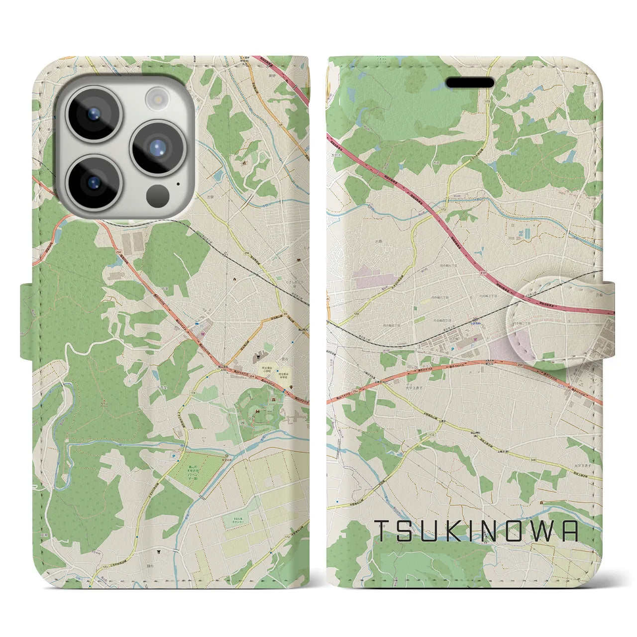 【つきのわ(埼玉県)】地図柄iPhoneケース(手帳タイプ)ナチュラル・iPhone 15 Pro 用