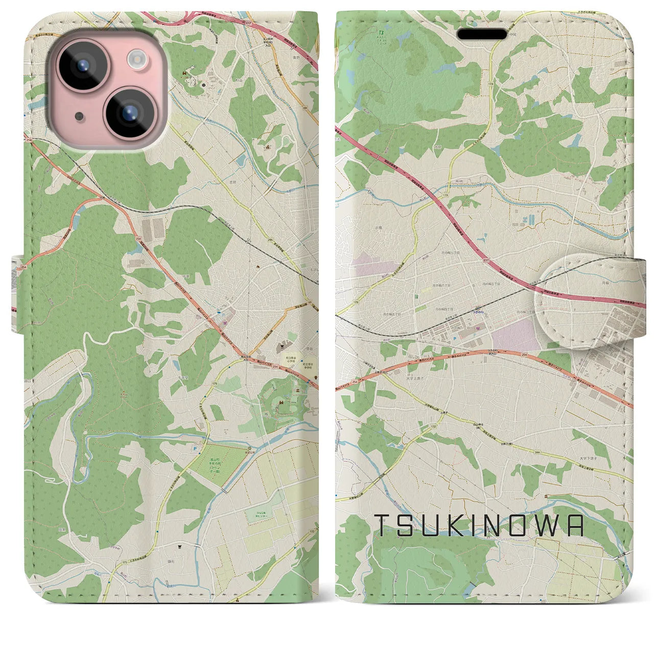 【つきのわ(埼玉県)】地図柄iPhoneケース(手帳タイプ)ナチュラル・iPhone 15 Plus 用