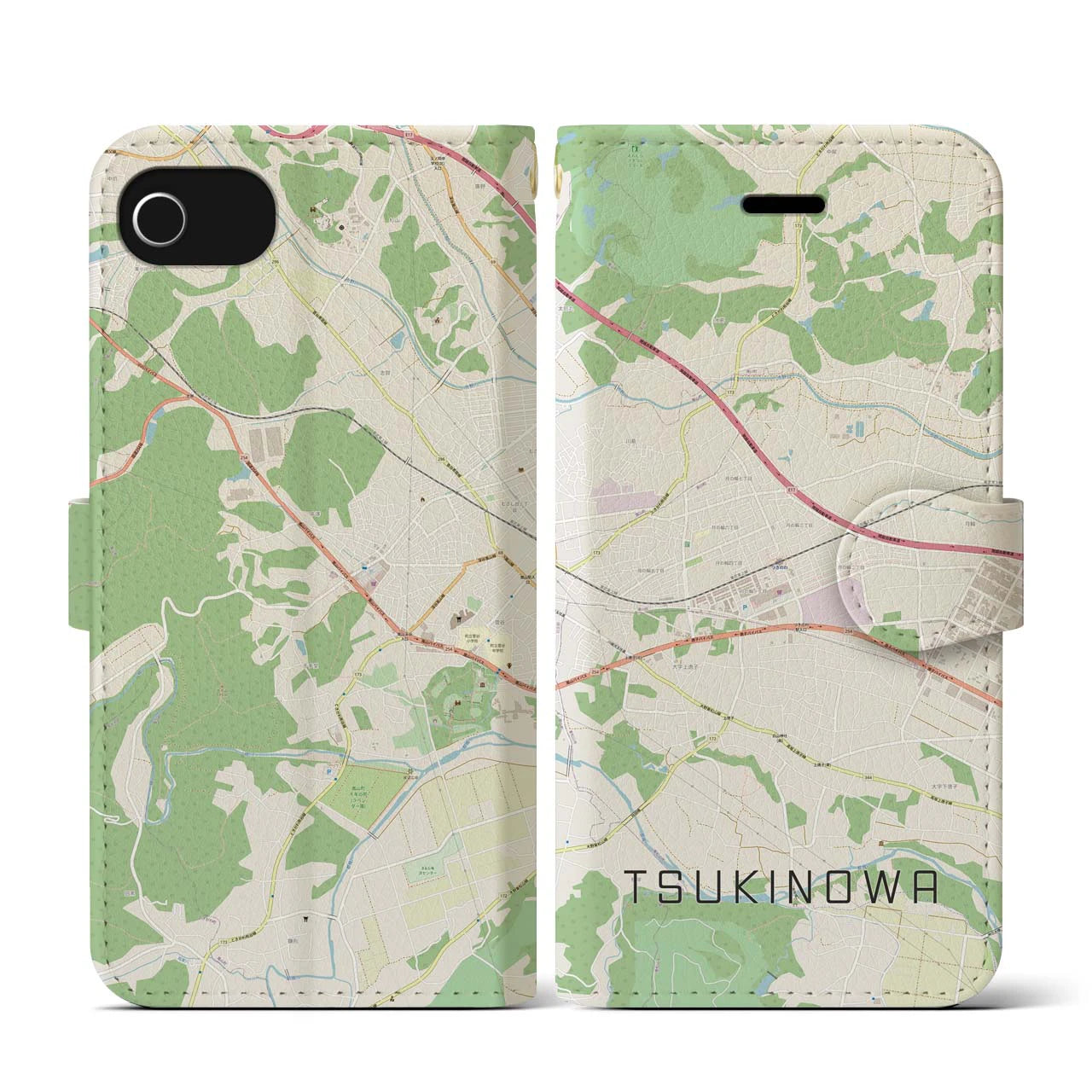 【つきのわ(埼玉県)】地図柄iPhoneケース(手帳タイプ)ナチュラル・iPhone SE(第3 / 第2世代) / 8 / 7 / 6s / 6 用
