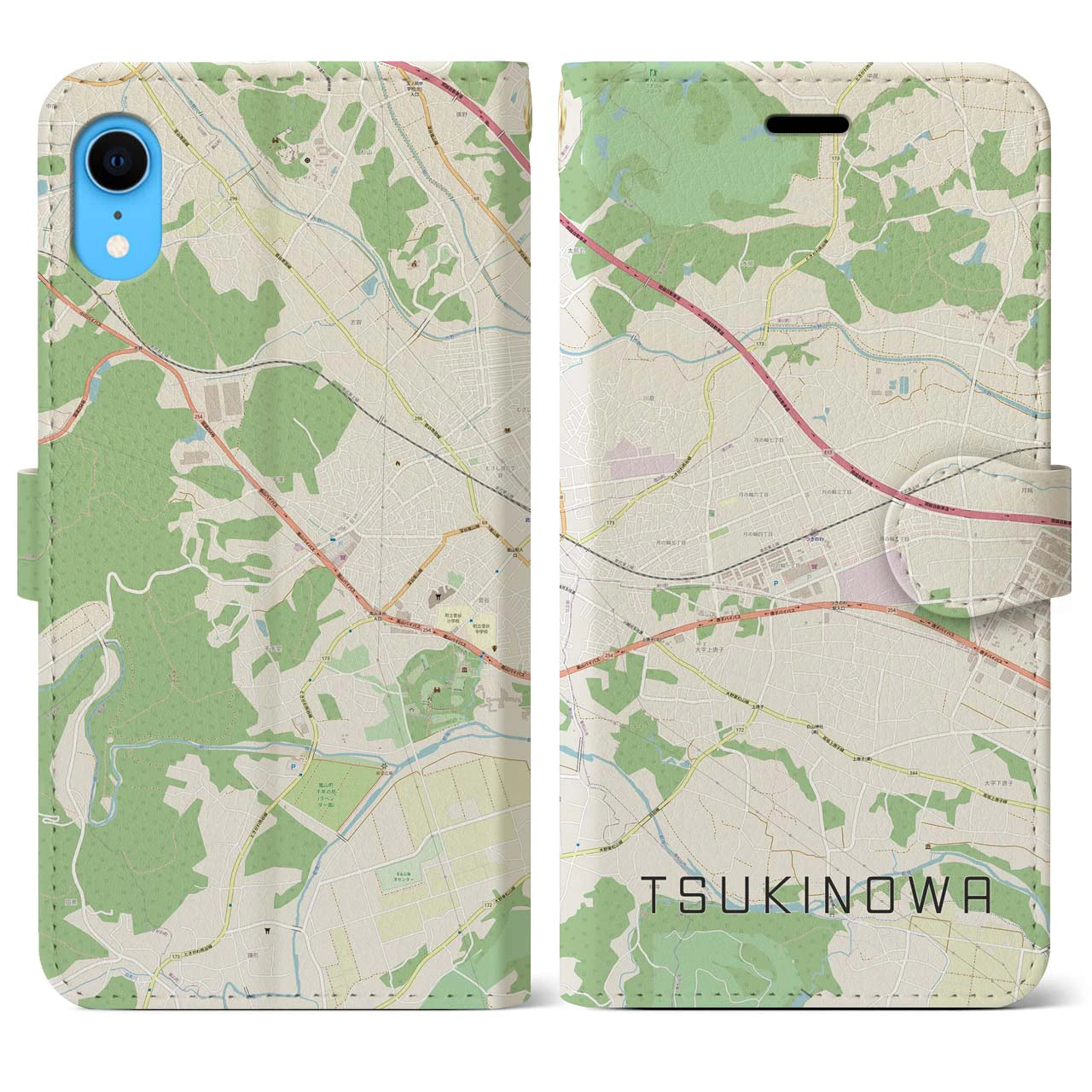 【つきのわ(埼玉県)】地図柄iPhoneケース(手帳タイプ)ナチュラル・iPhone XR 用