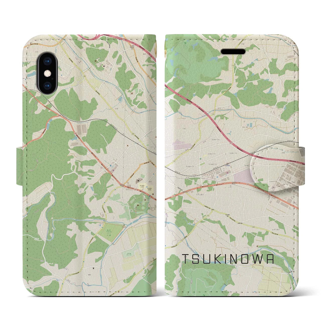 【つきのわ(埼玉県)】地図柄iPhoneケース(手帳タイプ)ナチュラル・iPhone XS / X 用