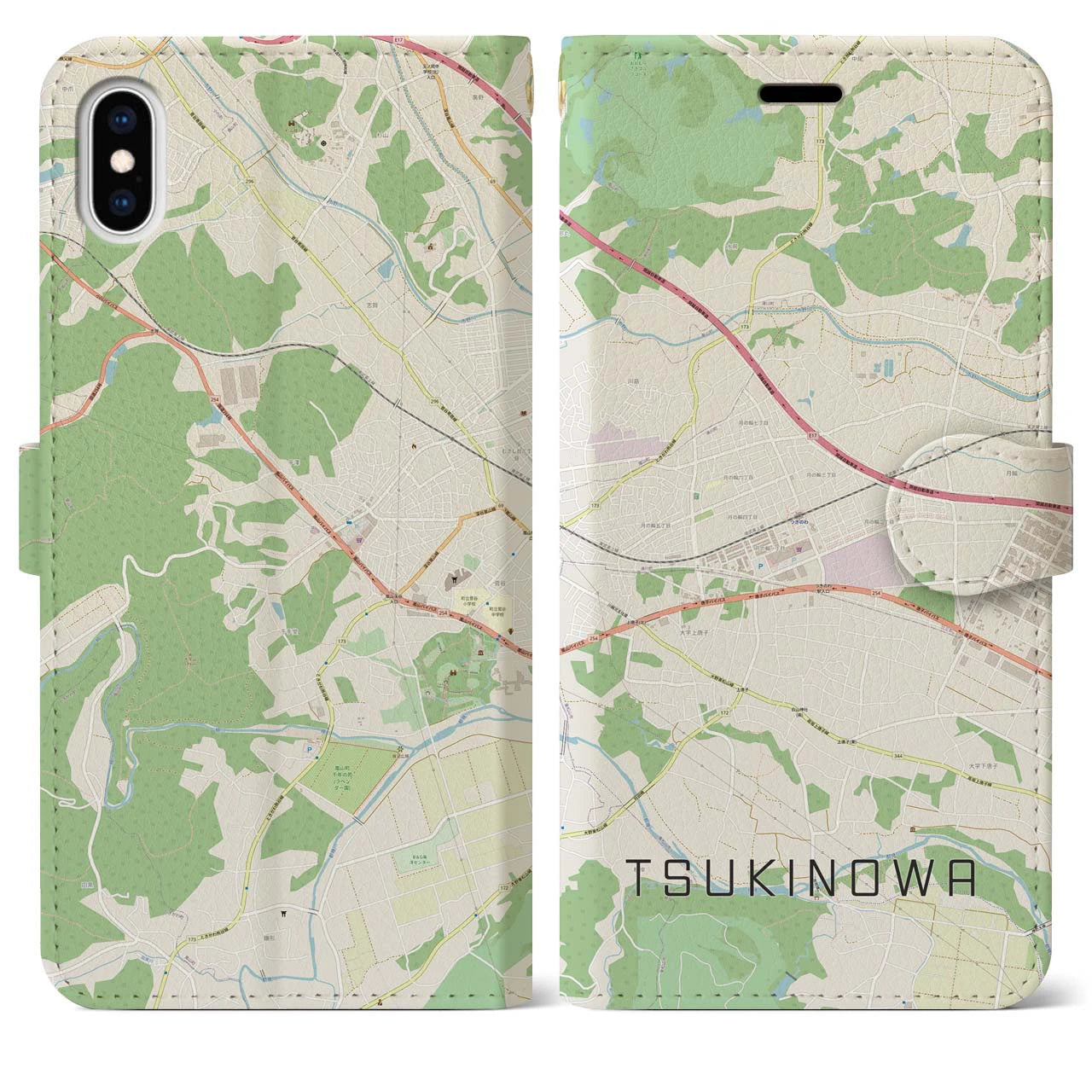 【つきのわ(埼玉県)】地図柄iPhoneケース(手帳タイプ)ナチュラル・iPhone XS Max 用