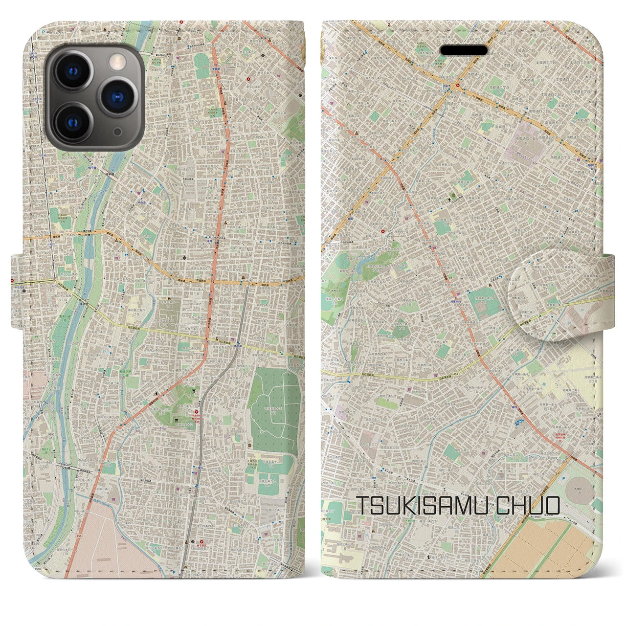 【月寒中央(北海道)】地図柄iPhoneケース(手帳タイプ)ナチュラル・iPhone 11 Pro Max 用