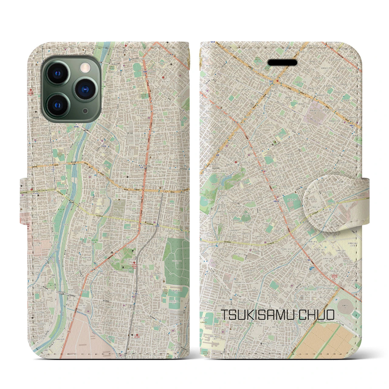 【月寒中央(北海道)】地図柄iPhoneケース(手帳タイプ)ナチュラル・iPhone 11 Pro 用