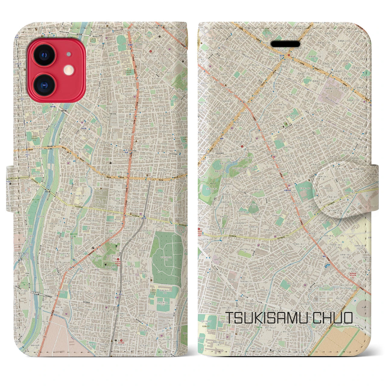 【月寒中央(北海道)】地図柄iPhoneケース(手帳タイプ)ナチュラル・iPhone 11 用