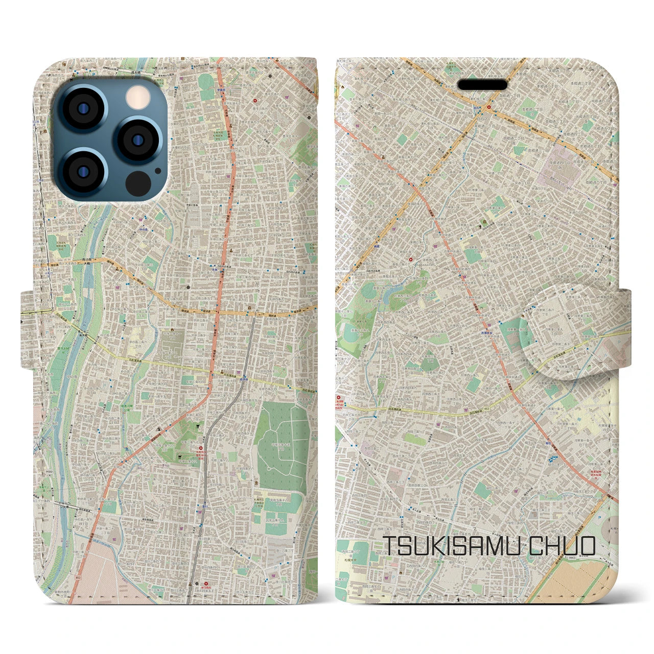 【月寒中央(北海道)】地図柄iPhoneケース(手帳タイプ)ナチュラル・iPhone 12 / 12 Pro 用