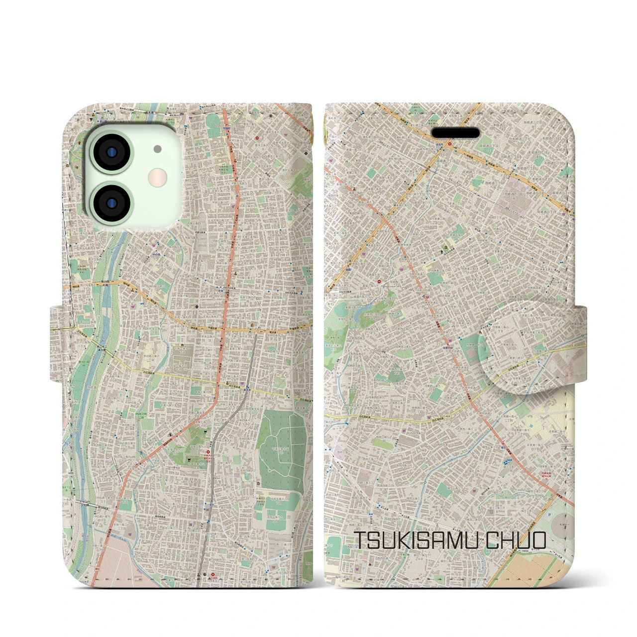 【月寒中央(北海道)】地図柄iPhoneケース(手帳タイプ)ナチュラル・iPhone 12 mini 用