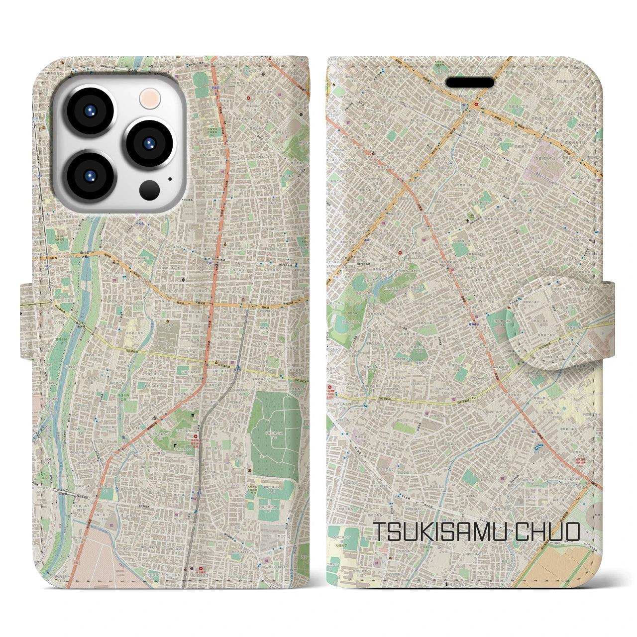 【月寒中央(北海道)】地図柄iPhoneケース(手帳タイプ)ナチュラル・iPhone 13 Pro 用