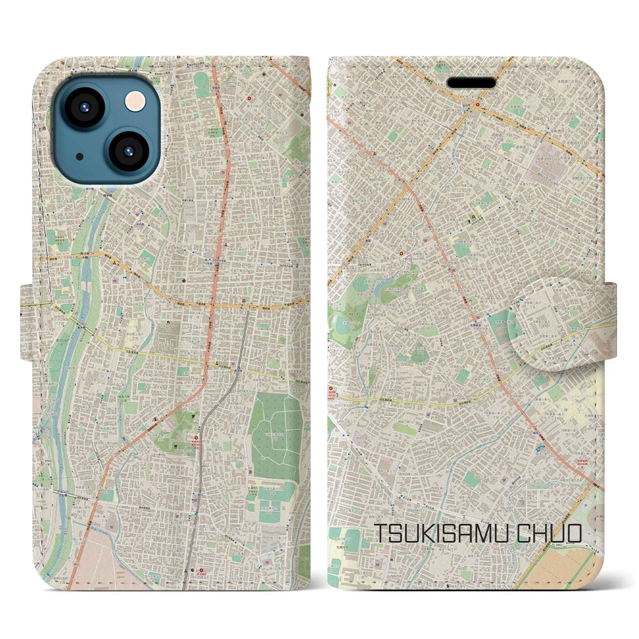 【月寒中央(北海道)】地図柄iPhoneケース(手帳タイプ)ナチュラル・iPhone 13 用
