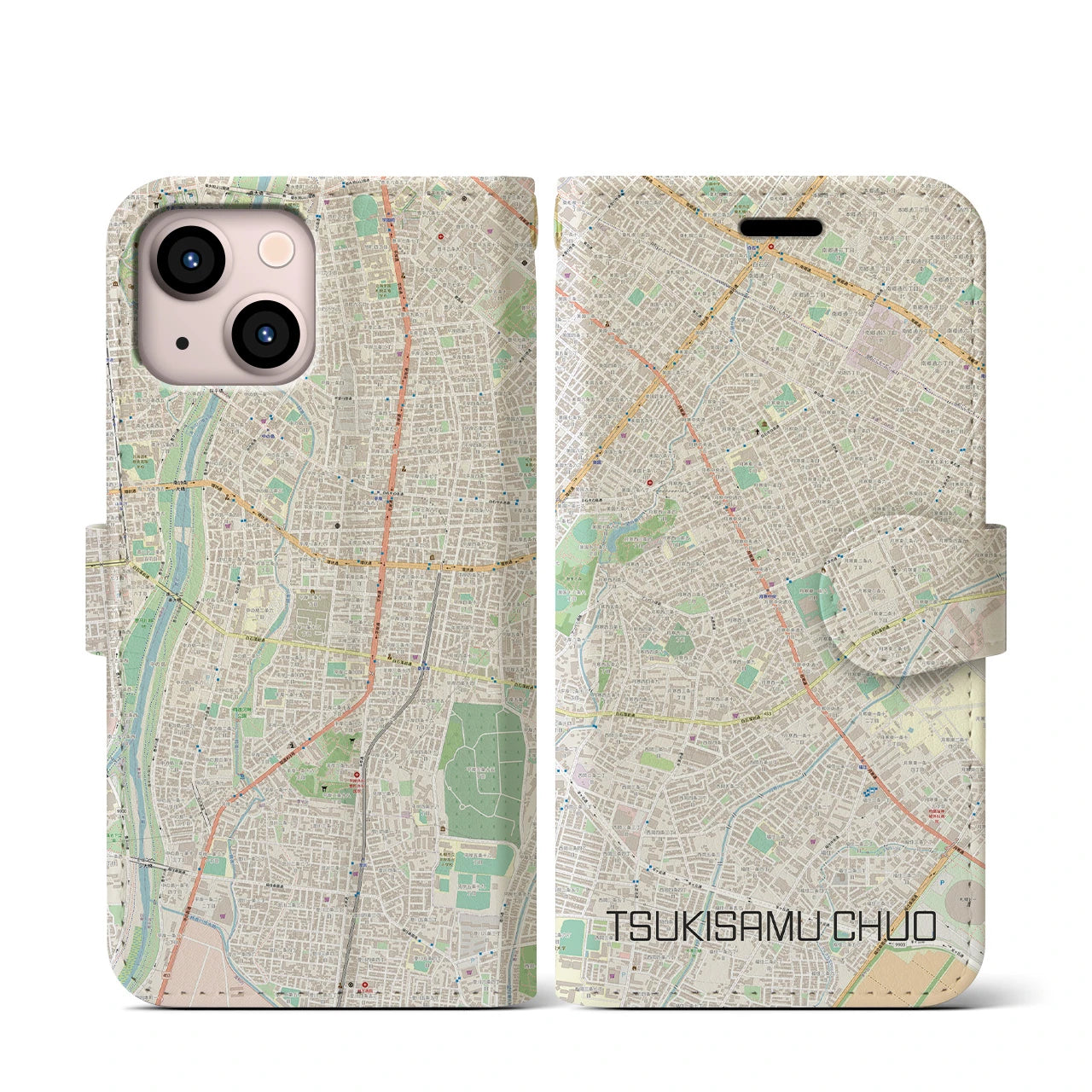 【月寒中央(北海道)】地図柄iPhoneケース(手帳タイプ)ナチュラル・iPhone 13 mini 用