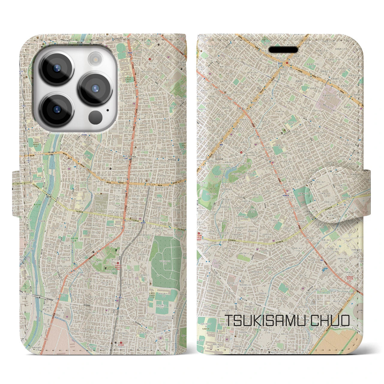 【月寒中央(北海道)】地図柄iPhoneケース(手帳タイプ)ナチュラル・iPhone 14 Pro 用