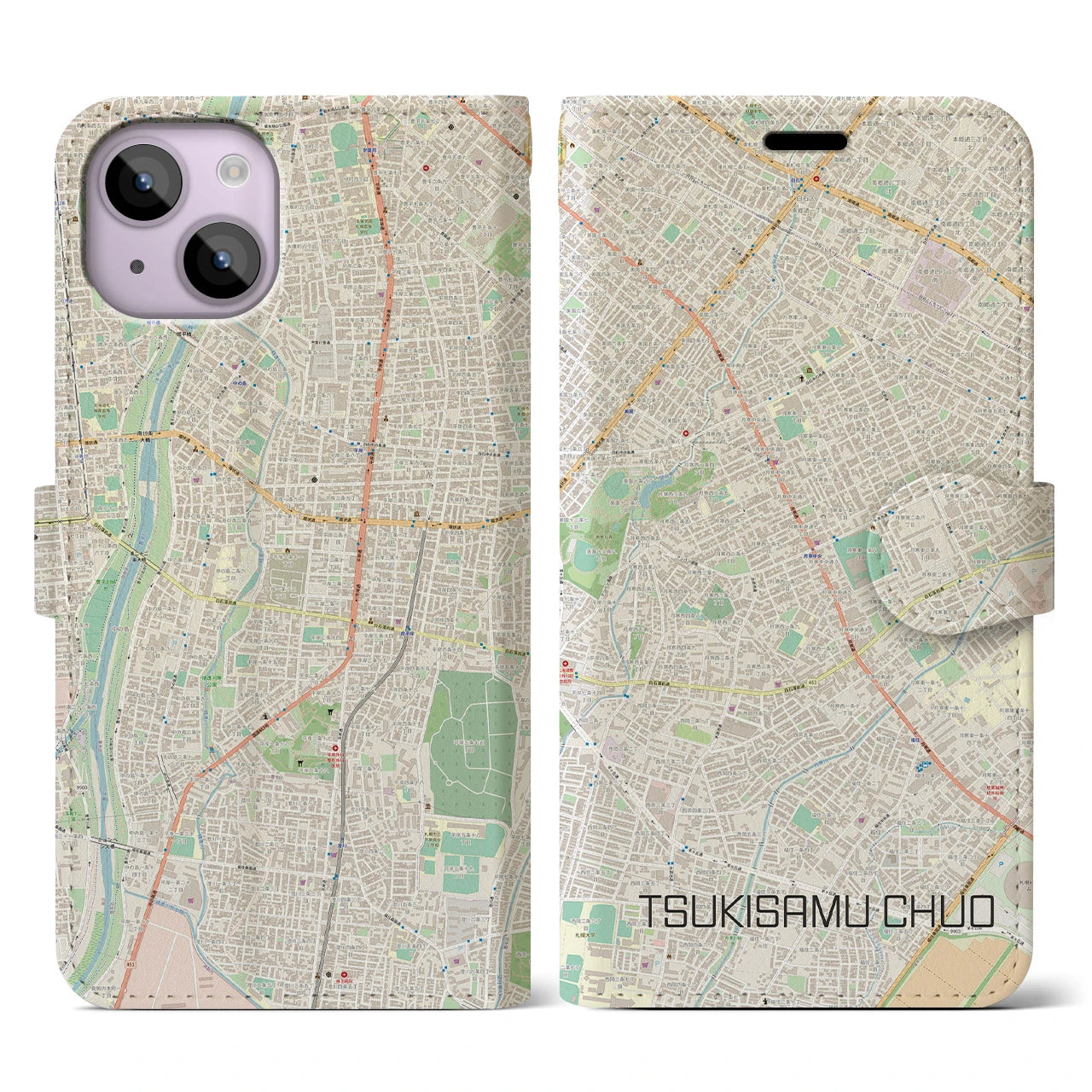 【月寒中央(北海道)】地図柄iPhoneケース(手帳タイプ)ナチュラル・iPhone 14 用