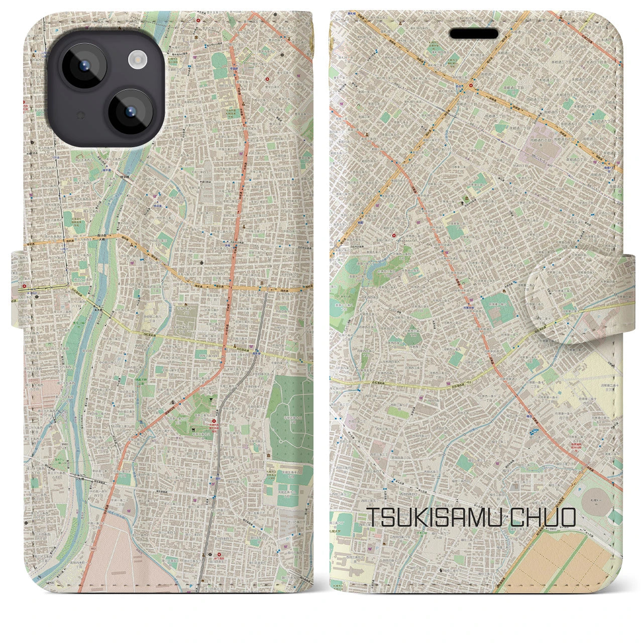 【月寒中央(北海道)】地図柄iPhoneケース(手帳タイプ)ナチュラル・iPhone 14 Plus 用