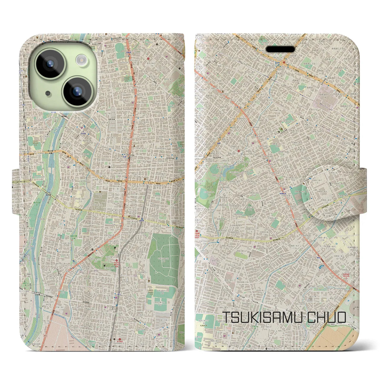 【月寒中央(北海道)】地図柄iPhoneケース(手帳タイプ)ナチュラル・iPhone 15 用