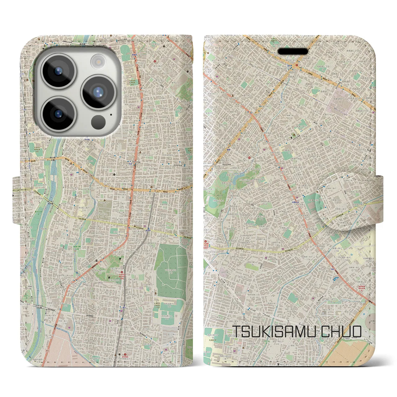 【月寒中央(北海道)】地図柄iPhoneケース(手帳タイプ)ナチュラル・iPhone 15 Pro 用