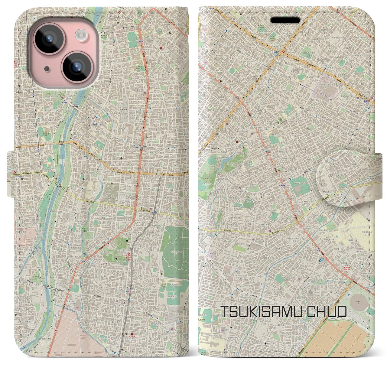 【月寒中央(北海道)】地図柄iPhoneケース(手帳タイプ)ナチュラル・iPhone 15 Plus 用