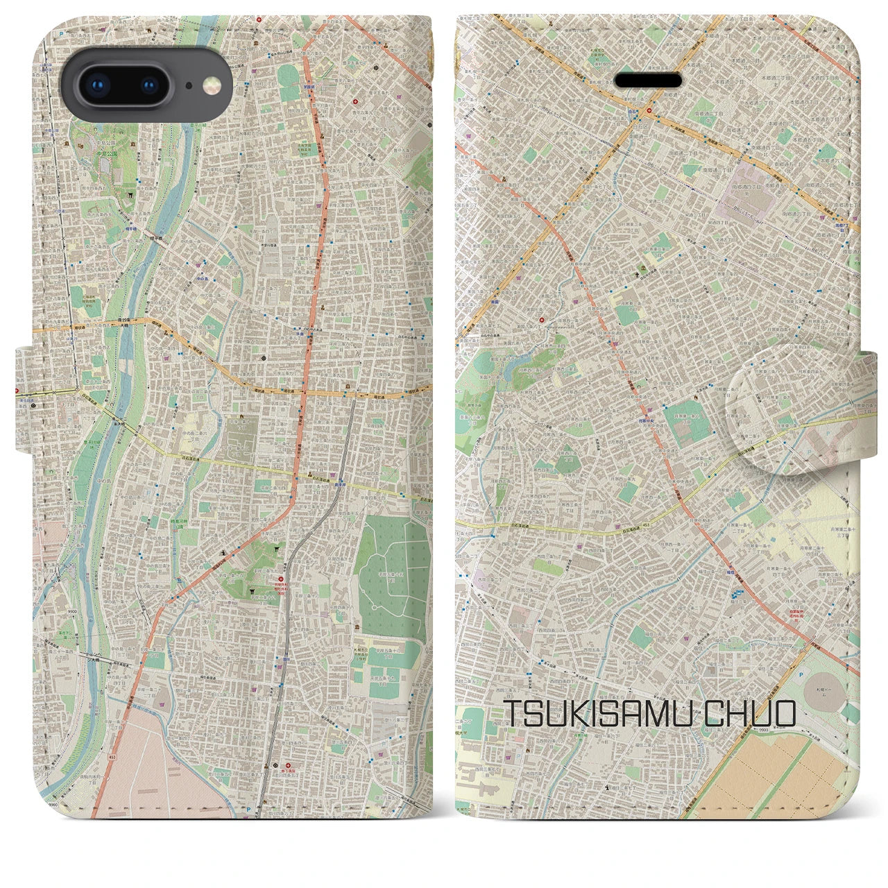 【月寒中央(北海道)】地図柄iPhoneケース(手帳タイプ)ナチュラル・iPhone 8Plus /7Plus / 6sPlus / 6Plus 用