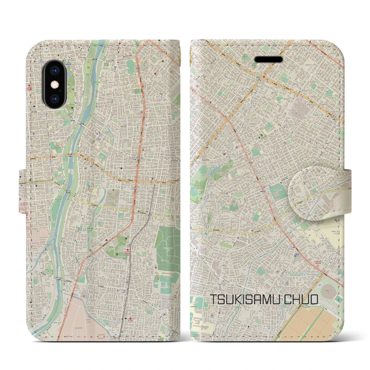 【月寒中央(北海道)】地図柄iPhoneケース(手帳タイプ)ナチュラル・iPhone XS / X 用