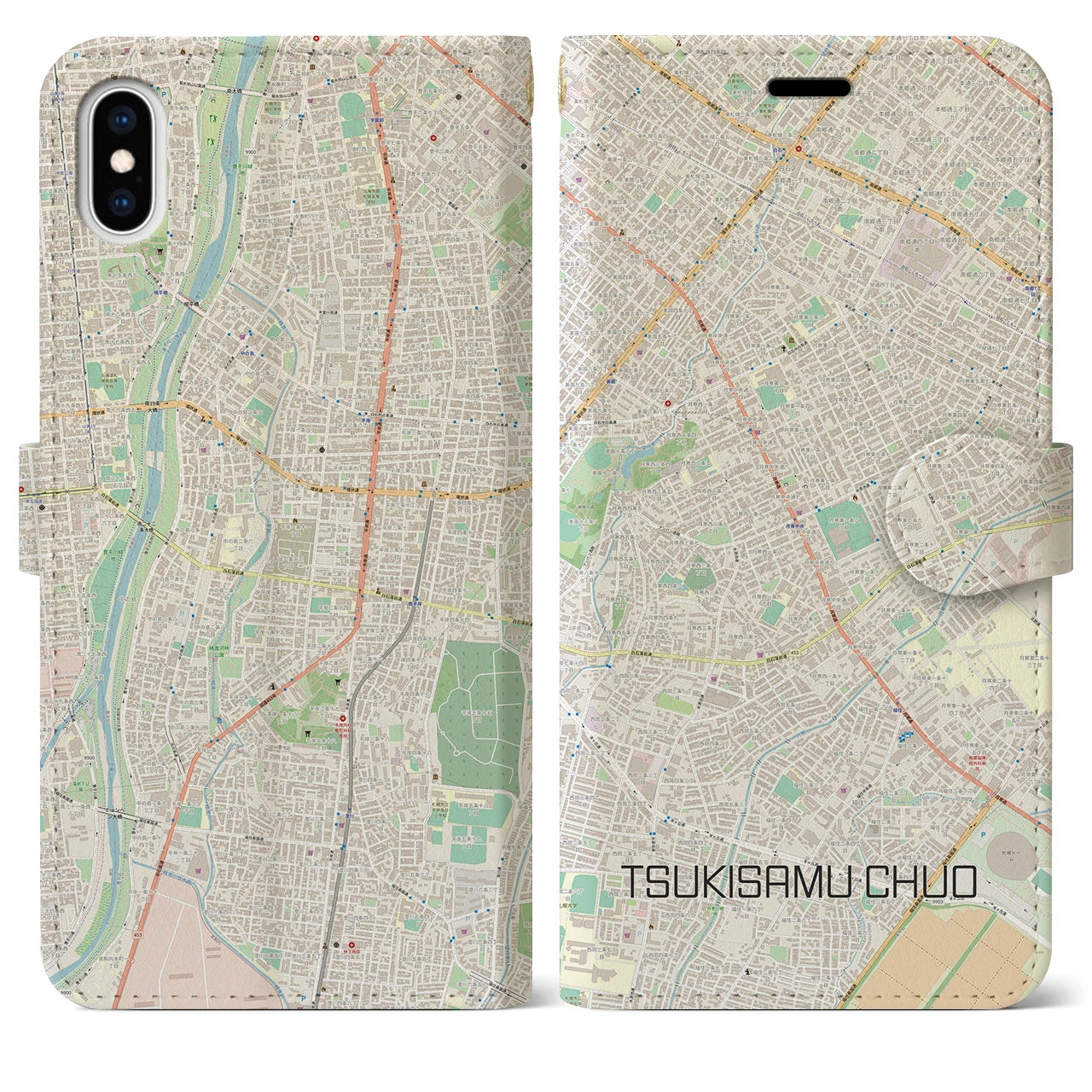【月寒中央(北海道)】地図柄iPhoneケース(手帳タイプ)ナチュラル・iPhone XS Max 用