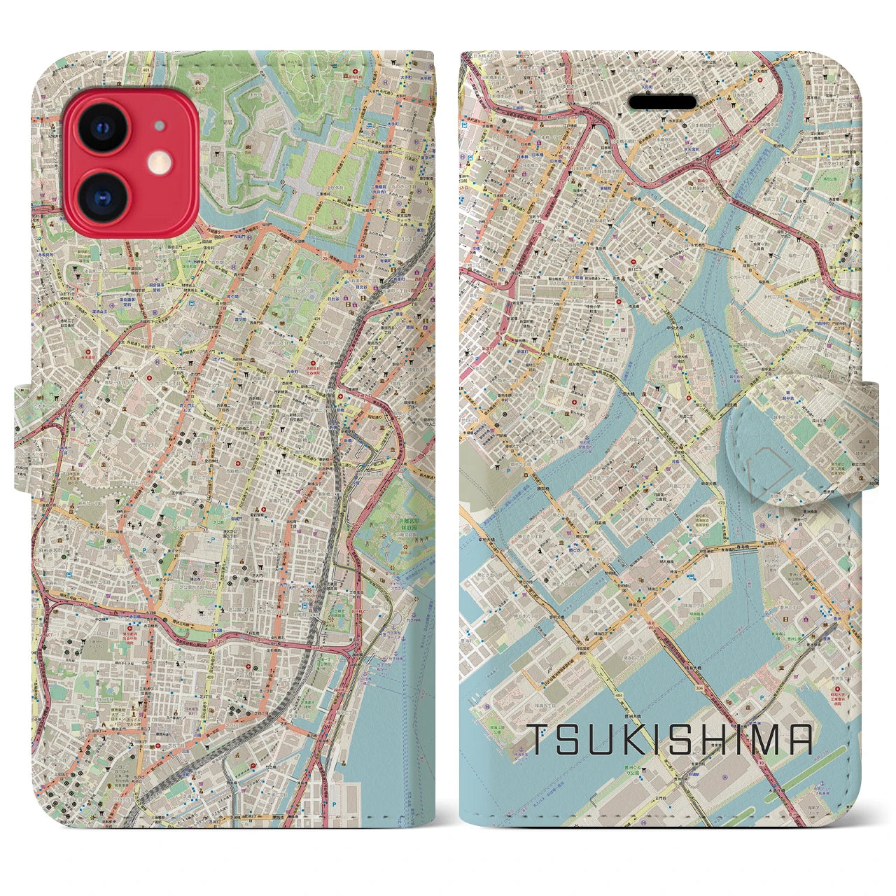 【月島(東京都)】地図柄iPhoneケース(手帳タイプ)ナチュラル・iPhone 11 用